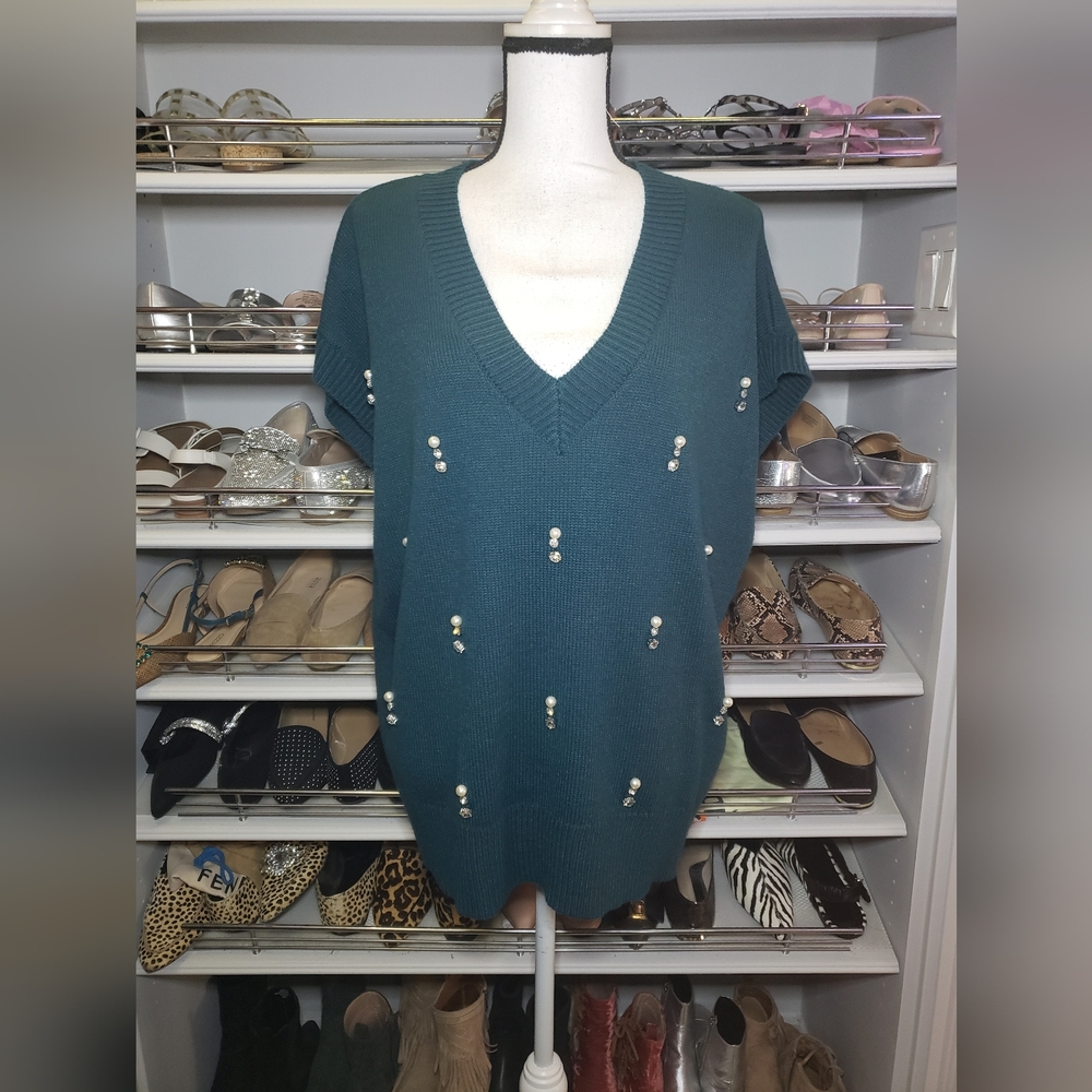 CLEARANCE Short Sleeve Crystal Embellished V Neck Pullover Sweater Vest